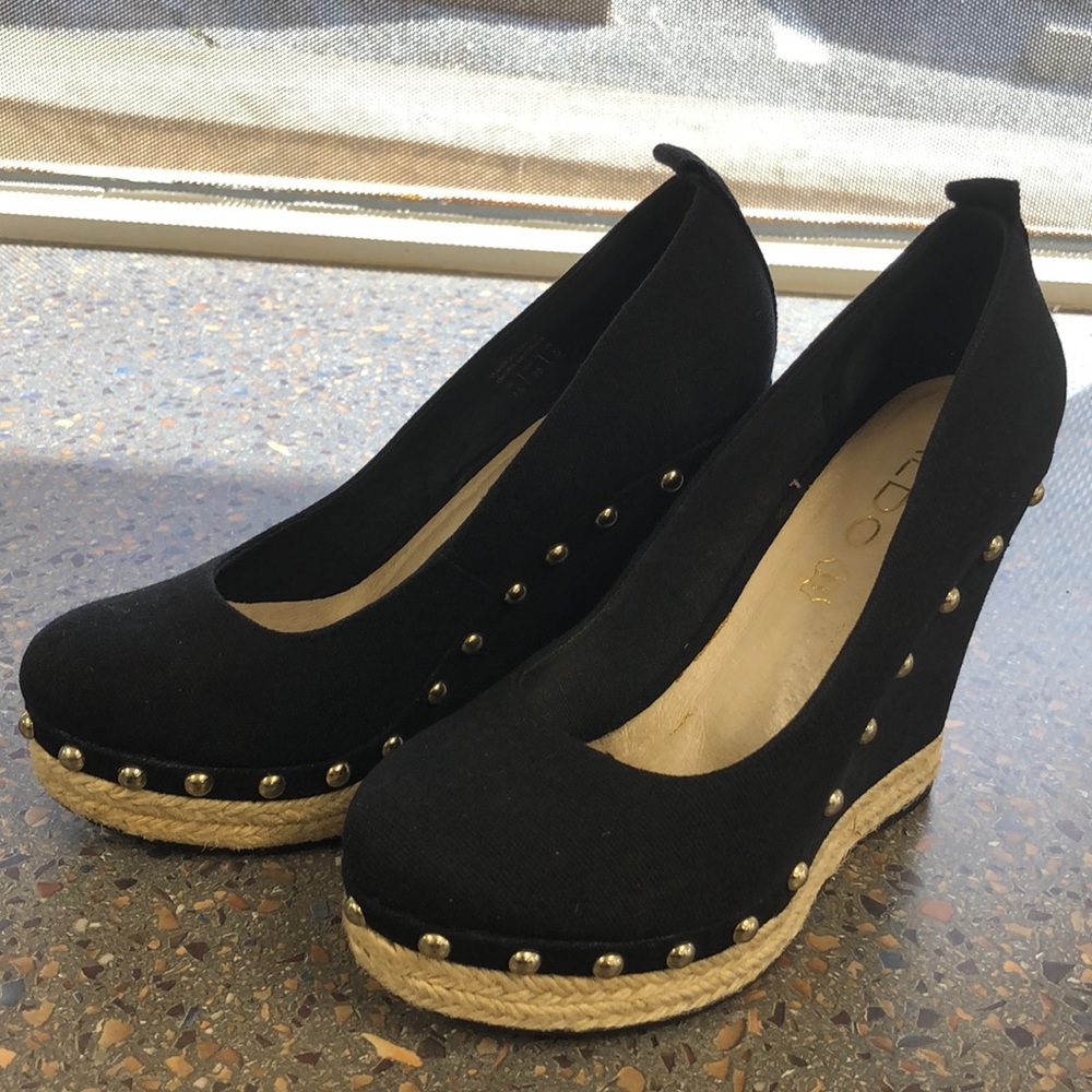 Aldo black linen wedge with studs size 7.5